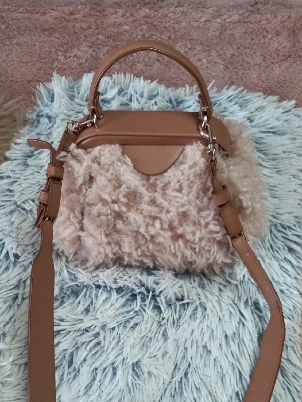 Zara Tan Faux Shearling Top-Handle Crossbody Bag